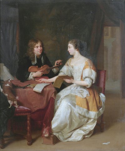 An Elegant Couple Making Music in an Interior by Jan Verkolje